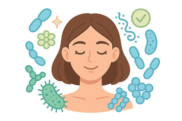 Balanced face microbiome. Normal flora of skin and mucous membranes. Probiotics and lactic acid bacteria collection. Good bacteria and microorganisms for healthy gut and skin.