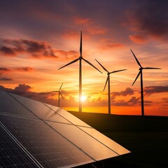 Silhouetted wind turbines and solar panels stand against a vibrant sunset, showcasing renewable energy at its peak.