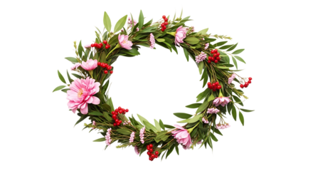 Beautiful floral wreath with pink flowers and green leaves isolated on transparent background