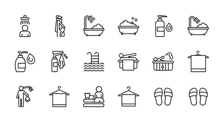 Vector Icons Set of Bathroom hygiene and spa relaxation vector line icon set. EPS Editable