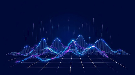 Abstract digital landscape with blue and purple neon lights on a grid, creating a technological feel