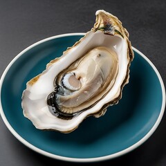 Fresh oyster in its shell, displayed on a teal colored plate, against a dark background.