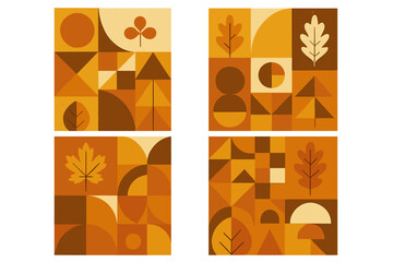 Autumn geometric abstraction posters set. Collection of trendy vintage background patterns with fall leaves for a poster, banner or flyer. Vector flat graphic design element.