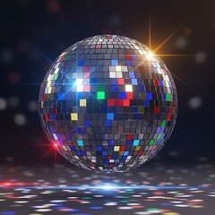 A vibrant disco ball with multicolored reflective squares shines brightly against a dark background, creating a dynamic and festive atmosphere.