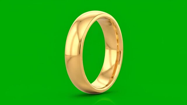 A sleek golden ring rotates smoothly in a continuous loop, showcasing its reflective surface on a green screen seamless, reflective surface, round