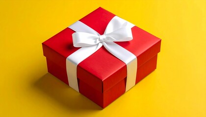 Red Gift Box With White Ribbon Isolated On Yellow