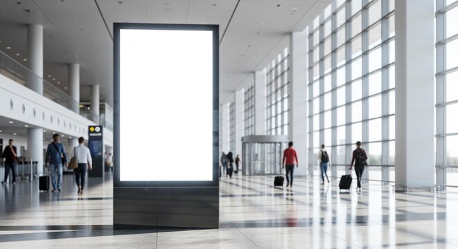 A bright, modern airport concourse with a blank digital billboard advertisement display as travelers walk past, showcasing a potential commercial advertising space for businesses
