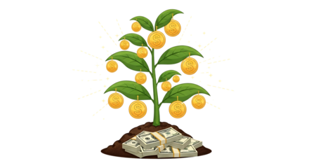 Money tree with gold coins and dollar bills isolated on transparent background
