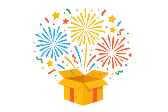 Prize box opening and exploding with fireworks and confetti. Enter to win prizes concept. Surprise gift box illustration for contest, giveaway, or loyalty program reward.