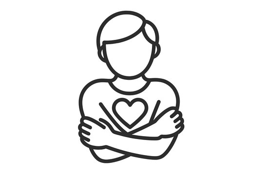 Self love icon for mental health and psychology. Person hugging heart. Concept of self care, emotional acceptance, confidence, body positivity, and inner peace. Embrace yourself.