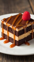 A decadent square of chocolate cake, layered with caramel sauce and a sweet raspberry.