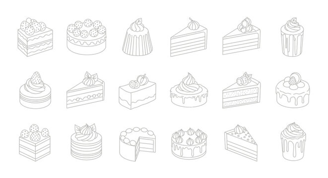 Vector Icons Set of Hand drawn collection of cakes and desserts sketch illustrations A set of sweet bakery items in a simple outline style. EPS Editable