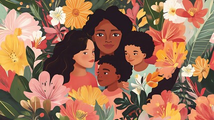 Diverse family embracing in a vibrant floral garden illustration
