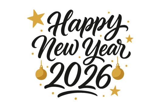 Happy New Year 2026 lettering with calligraphic brush painted text effect. Vector illustration with golden stars and baubles for New Year's Eve wishes and resolutions.