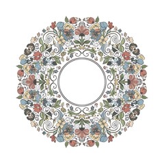 Ornate floral mandala design with a circular frame and a variety of flowers, leaves, and scrollwork, creates a decorative and intricate pattern.