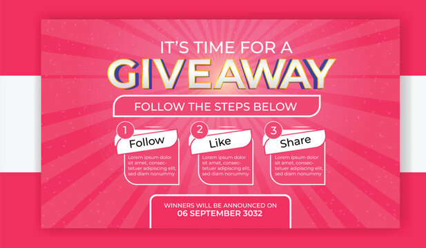 Giveaway social media banner template with steps to participate in pink color