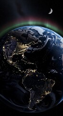 A celestial view of Earth at night, highlighted by city lights and a vibrant aurora borealis.
