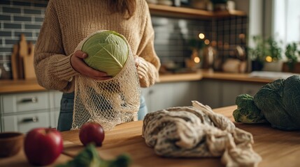 Fototapeta premium A person holds a cabbage in a reusable mesh bag, surrounded by fresh produce in a cozy kitchen setting, promoting sustainability and healthy living.