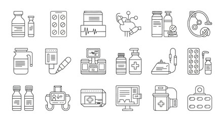 Fototapeta premium Vector Icons Set of Medical Pharmacy and Healthcare Outline Icons Collection Vector Illustration. EPS Editable