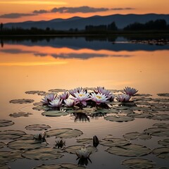 Peaceful water lilies float serenely on a calm pond at sunset, reflecting the golden sky.