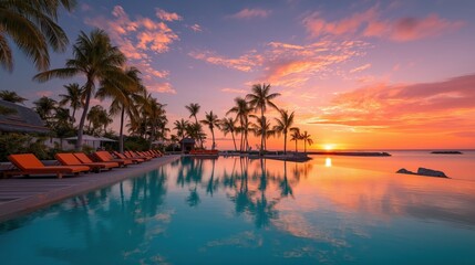 A serene tropical scene featuring a tranquil pool, palm trees, and a vibrant sunset sky reflecting on the water surface.