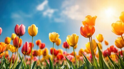 Vibrant Tulip Field Under Bright Sky with Soft Sunlight Glow