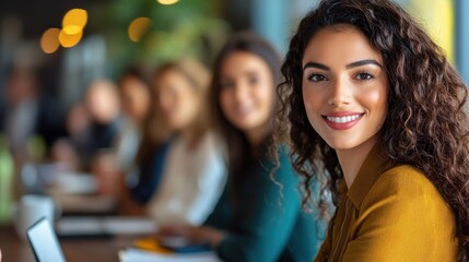 Obraz premium Young Woman Smiling During Meeting with Professionals in Office Space
