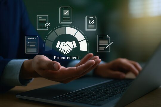 Procurement management and contract agreement process,businessman holding hand under virtual handshake and invoice icons on laptop
