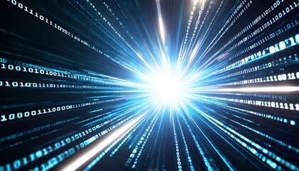 Fototapeta premium Abstract digital binary code tunnel with light at the end, representing data flow and technology.