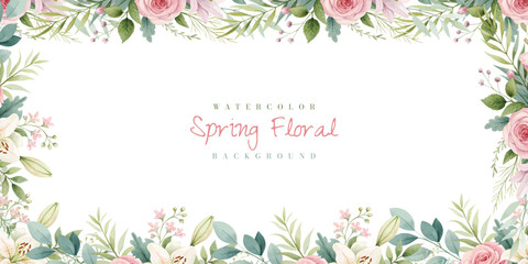 Watercolor pink flower and leaves border on white paper background illustration perfect for invitations, greeting cards, posters, banners and decorative art designs