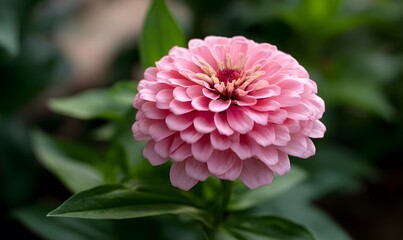 close-up of the pink zinnia flower with green leaves in the background. the petals are very large and round, with many petals arranged in layers to form an elegant shape