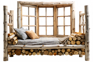 Log Cabin Bed with Stacked Wood and Window Bay on White Background posi intertwined isolated on a transparent background