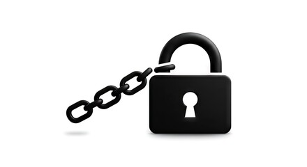 Black lock and chain open with a keyhole on a white background