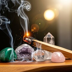 Healing crystal array with palo santo incense ritual spiritualism
