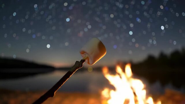 Toasting marshmallow over campfire under starry night sky, camping lifestyle, outdoor adventure, campfire, food, and summer fun.