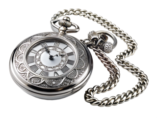 Luxurious Silver Pocket Watch Adorned with Diamonds and Intricate Chain luxury ornate isolated on a transparent background