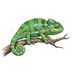 Obraz premium Emerald Arboreal Elegance: A vibrant, detailed watercolor illustration presents a captivating chameleon gracefully perched upon a slender tree branch, showcasing nature's exquisite design.