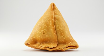 A fried samosa is centered on a white background It has a triangular shape with a wrinkled edge