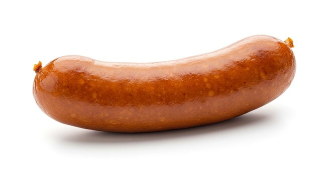 A glossy brown sausage curved slightly lies horizontally against a pure white backdrop casting a subtle shadow