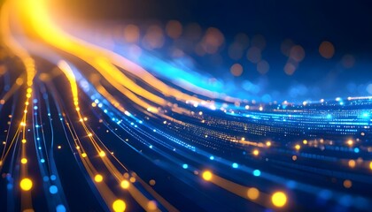 Dynamic flow of glowing blue and orange light trails on a dark background, symbolizing digital connectivity and data transfer.
