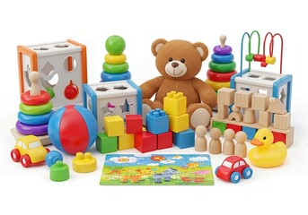 Obraz premium Children Toys Isolated on White Background – Colorful Educational and Play Items 