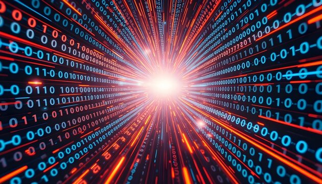 Digital binary code tunnel, fast-moving data stream, technology concept.