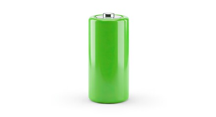 Obraz premium A shiny green AA battery stands upright on a white surface