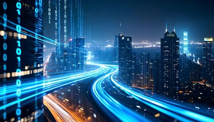 Fototapeta premium Futuristic cityscape with glowing digital data streams and fast-moving traffic.