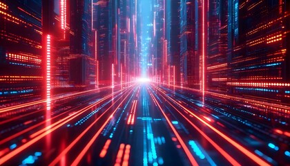 Fototapeta premium Futuristic cityscape with glowing neon lights and perspective view.