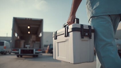 Close-up of Medical Worker Carrying White Cargo Box with Truck and Storage Containers in Background