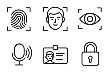 Biometric security icon set with fingerprint, face and eye scan, voice recognition, id card, and lock. Vector line art illustration for identity authentication and verification.