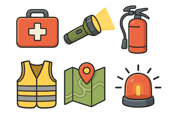 Emergency and safety icon set. Survival and evacuation equipment. Vector cartoon symbols of first aid kit, fire extinguisher, flashlight, safety vest, map, and alarm.