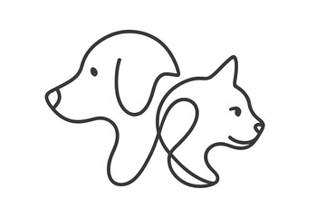 Continuous one line drawing of a cat and dog. Minimalist infinity loop style graphic. Pet shop, veterinary, or animal shelter logo. Vector icon illustration of pets together.