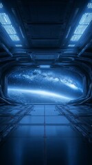 Naklejka premium View of Earth from a spacecraft interior with illuminated panels and a large observation window